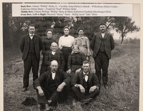 BR: Johann Philipp Helm Jr, Caroline Anna (Helm) Linhardt, Wilhelmine (Helm) Fiedler; MR: Johann Philipp Helm and Marie Katherina Elizabeth (Herzberger) Helm; FR LtoR: Heinrich Henry Helm, Philipp Jacob Jake HelmHelmJohannPhillip-HerzbergerMariaKatherina-and-partial-Family